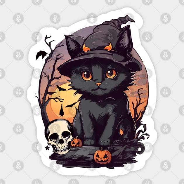 Halloween and cat, cute black cats with witch and cool hat for Halloween season, watercolor style Sticker by Collagedream